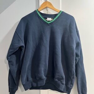 Aritzia Navy Blue Crew Neck Sweater with Green Trim size L
